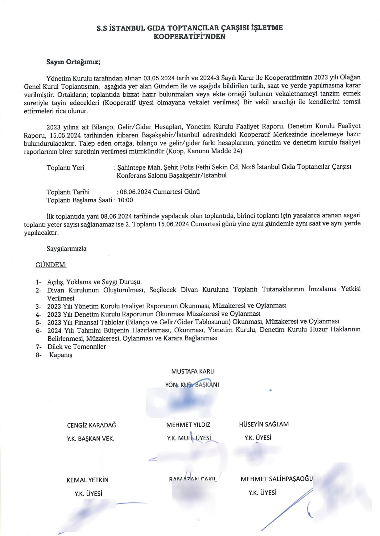 Genel Kurul Toplantısı Çağrı Mektubu